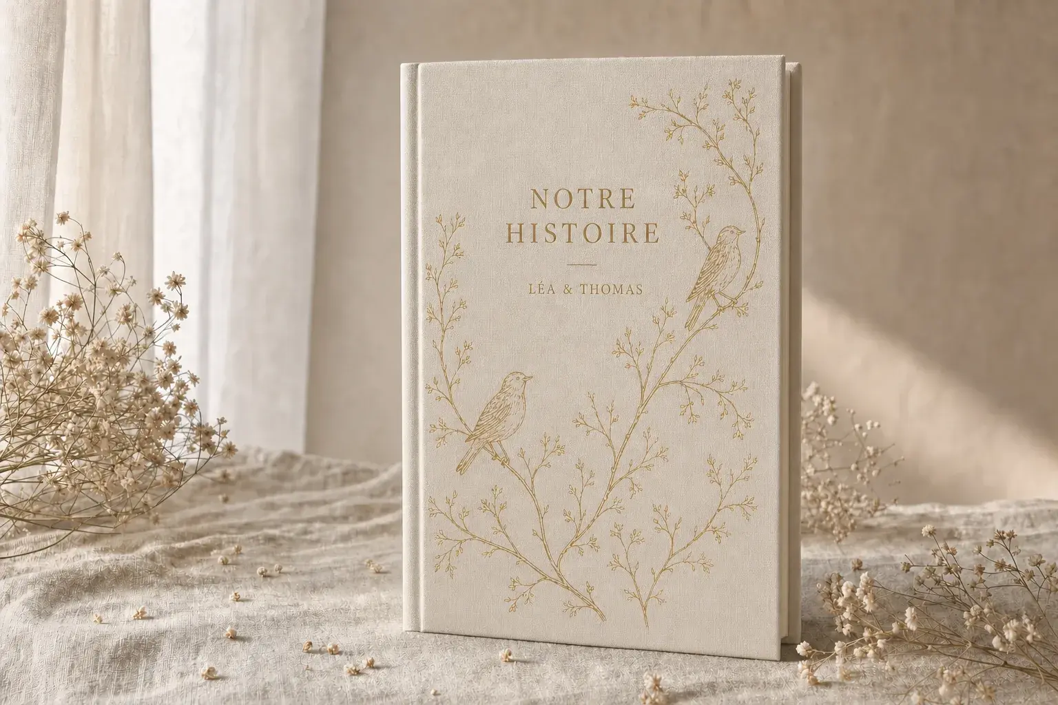 Le roman relié Notre Histoire, titré aux prénoms de Léa et Thomas