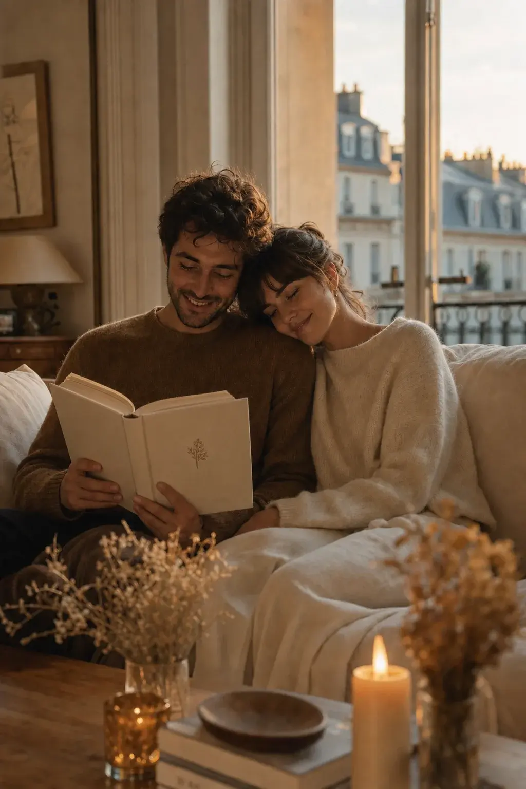 Un couple lit son roman personnalisé Notre Livre, blotti près de la fenêtre