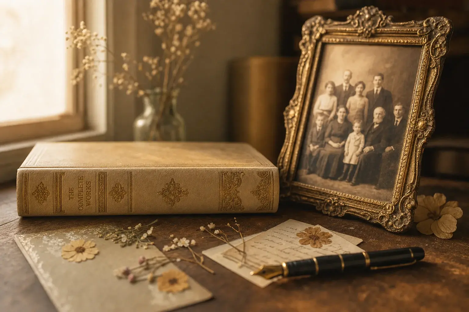 Un livre relié et un portrait de famille sépia