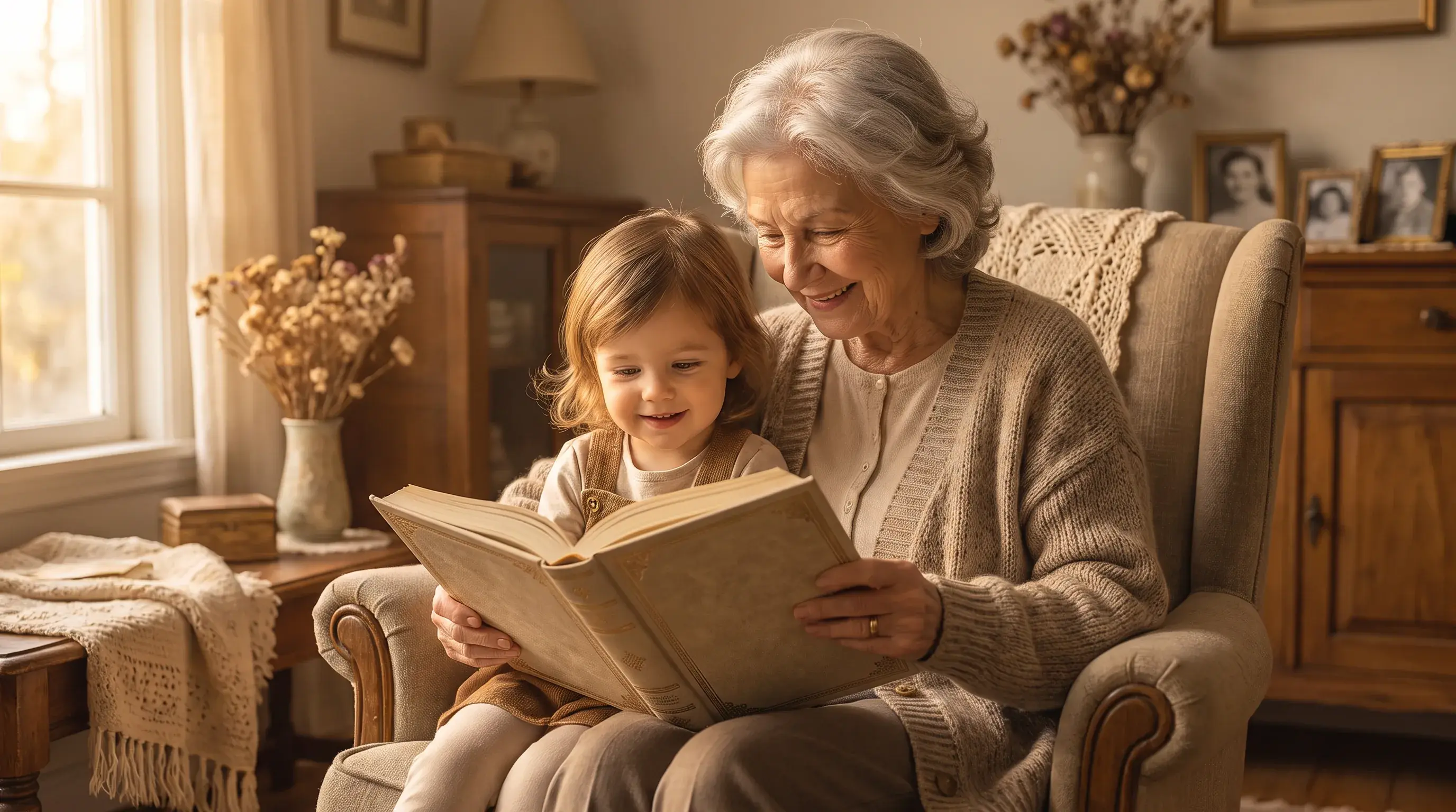 Grand-mère lisant à ses petits-enfants le livre de ses souvenirs