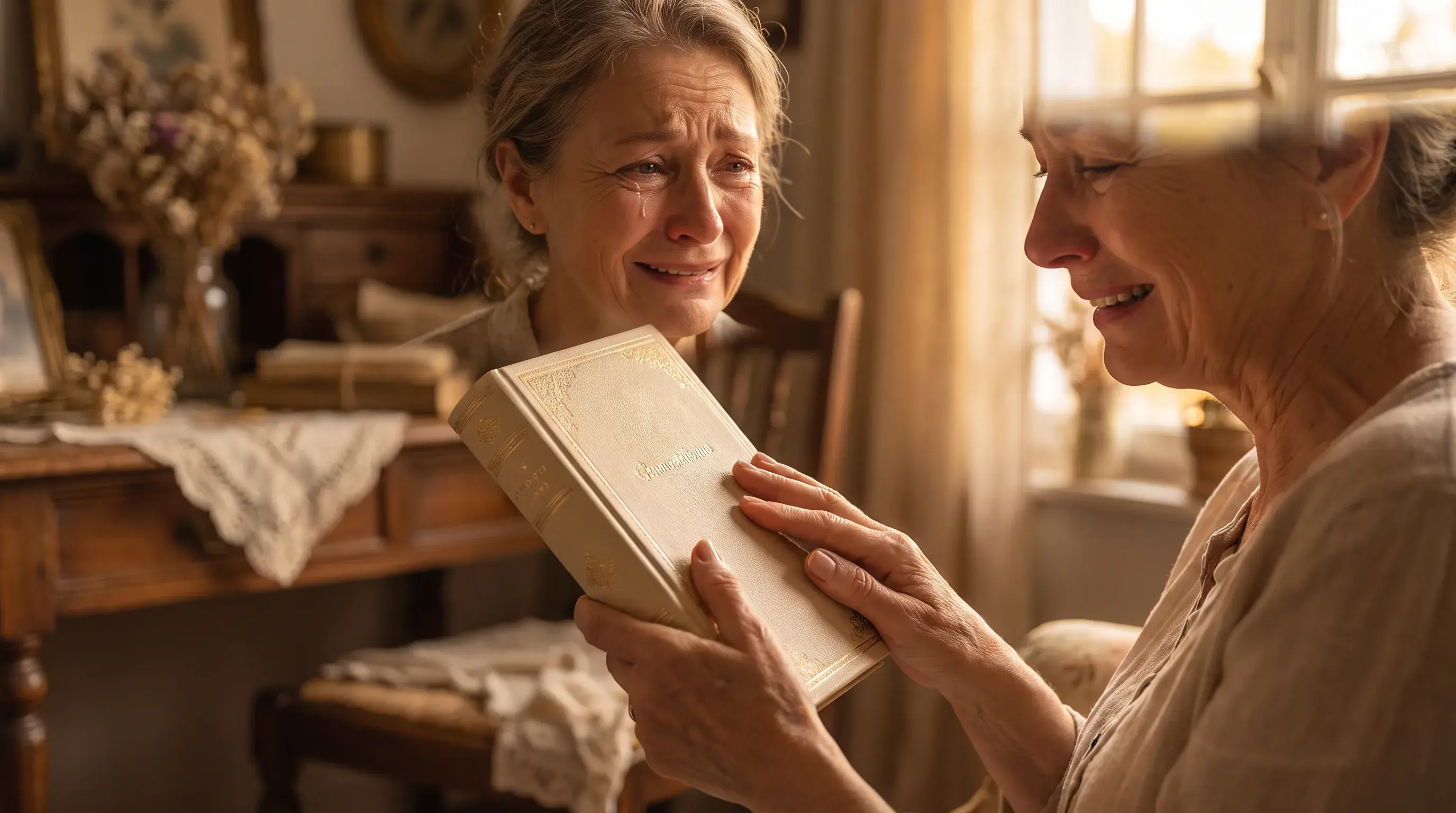 Mère tenant entre ses mains le livre hommage qui lui est offert
