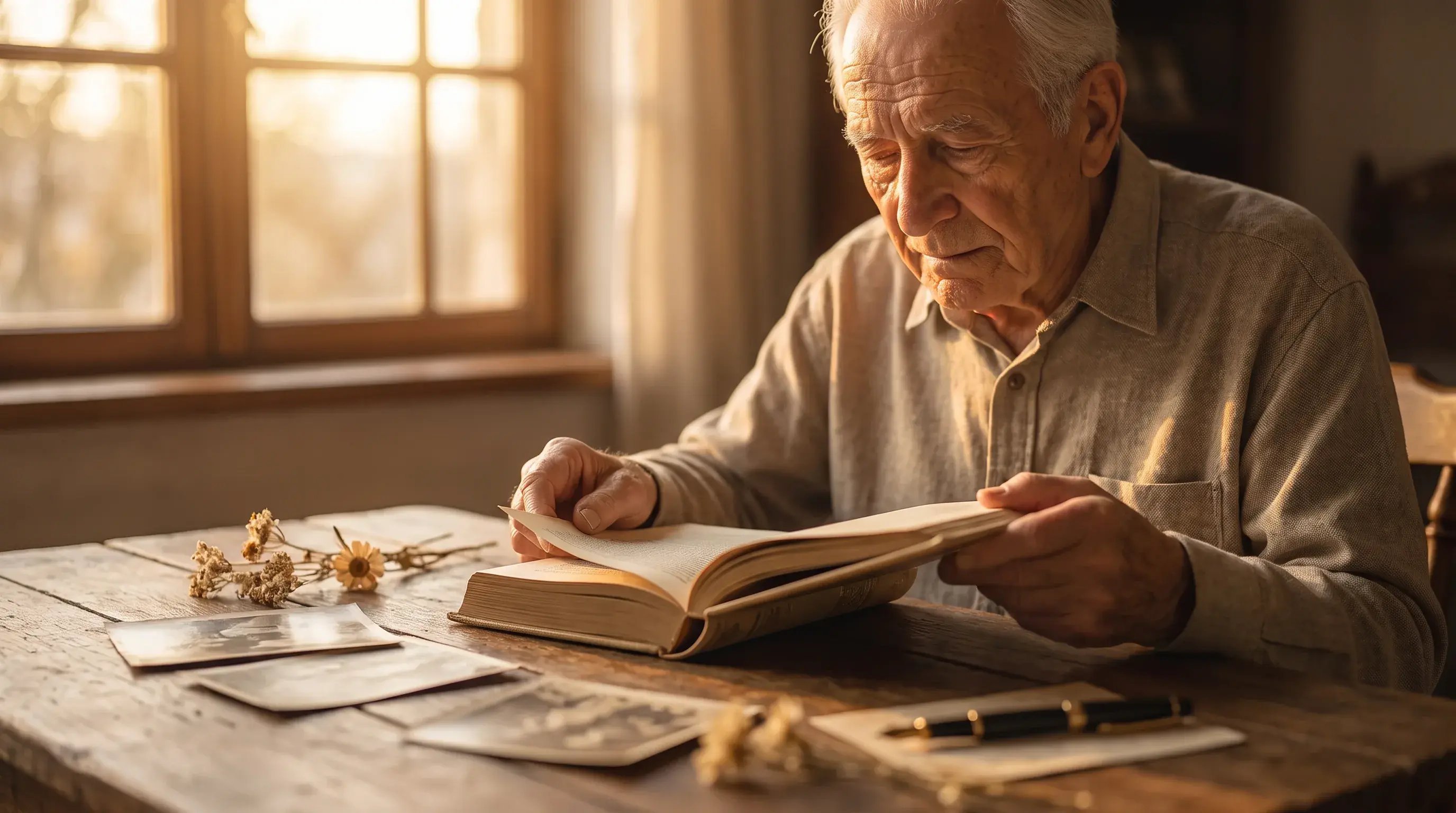 Père feuilletant le livre retraçant sa propre histoire