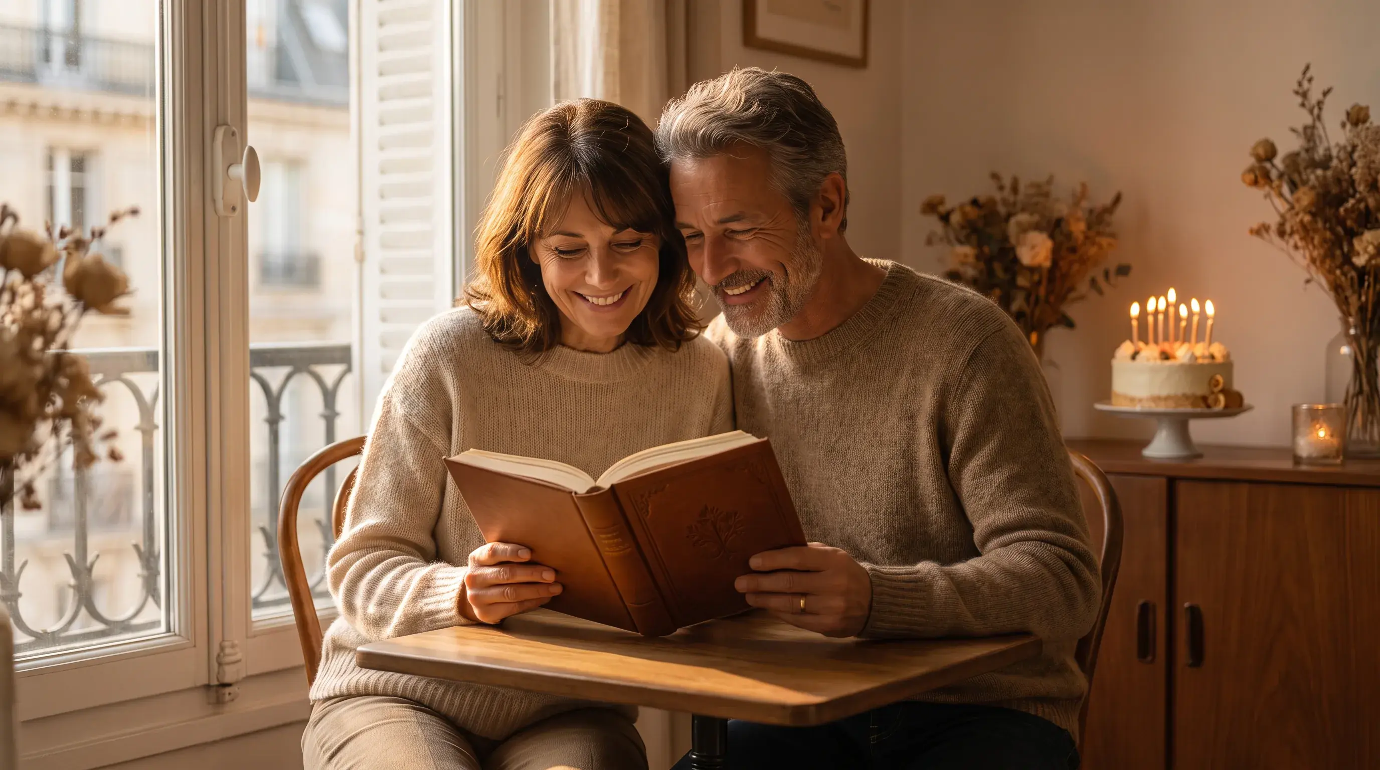 Couple senior célébrant son anniversaire de mariage en lisant le livre de son histoire