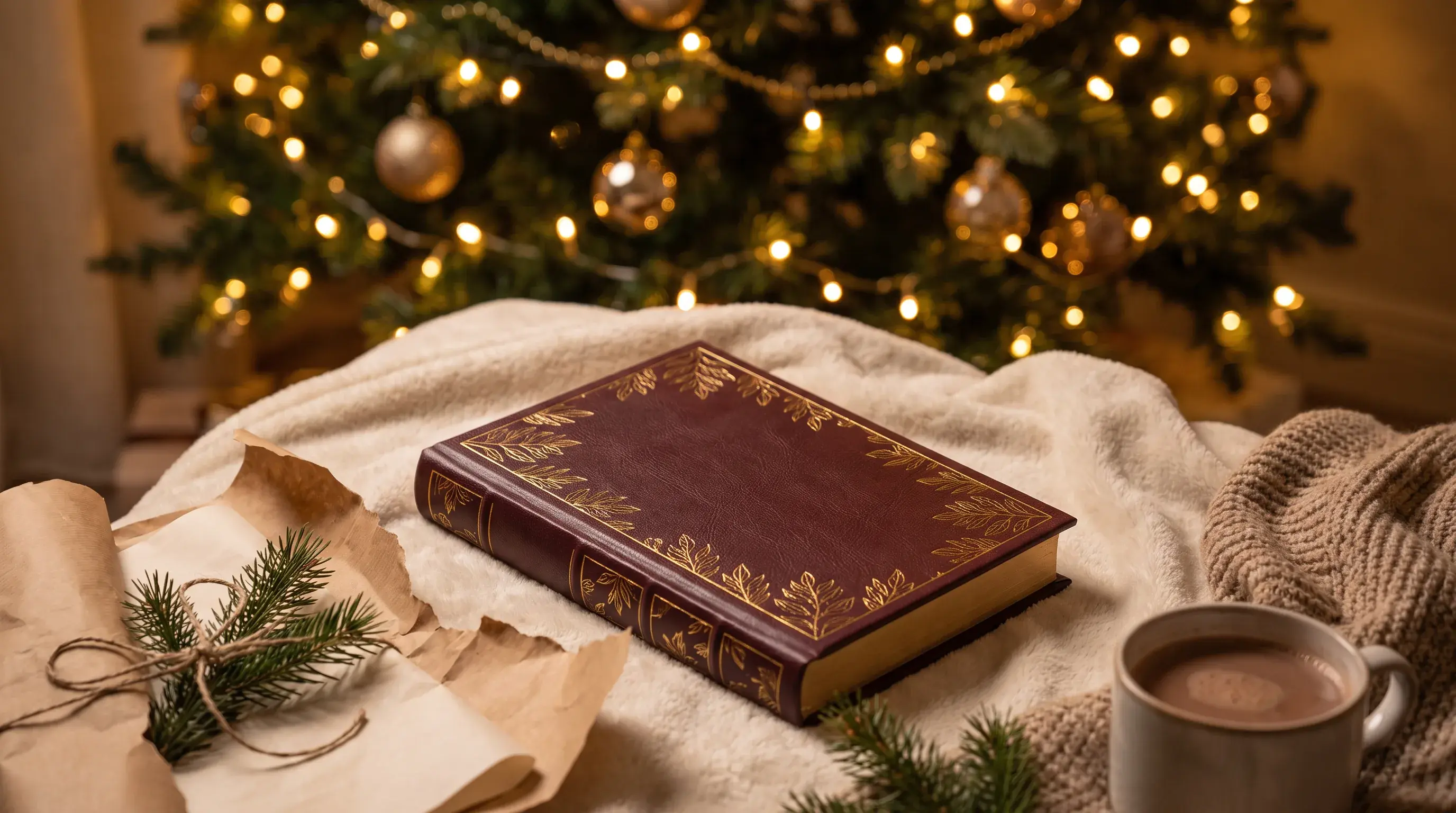 Couple ouvrant son livre personnalisé au pied du sapin de Noël