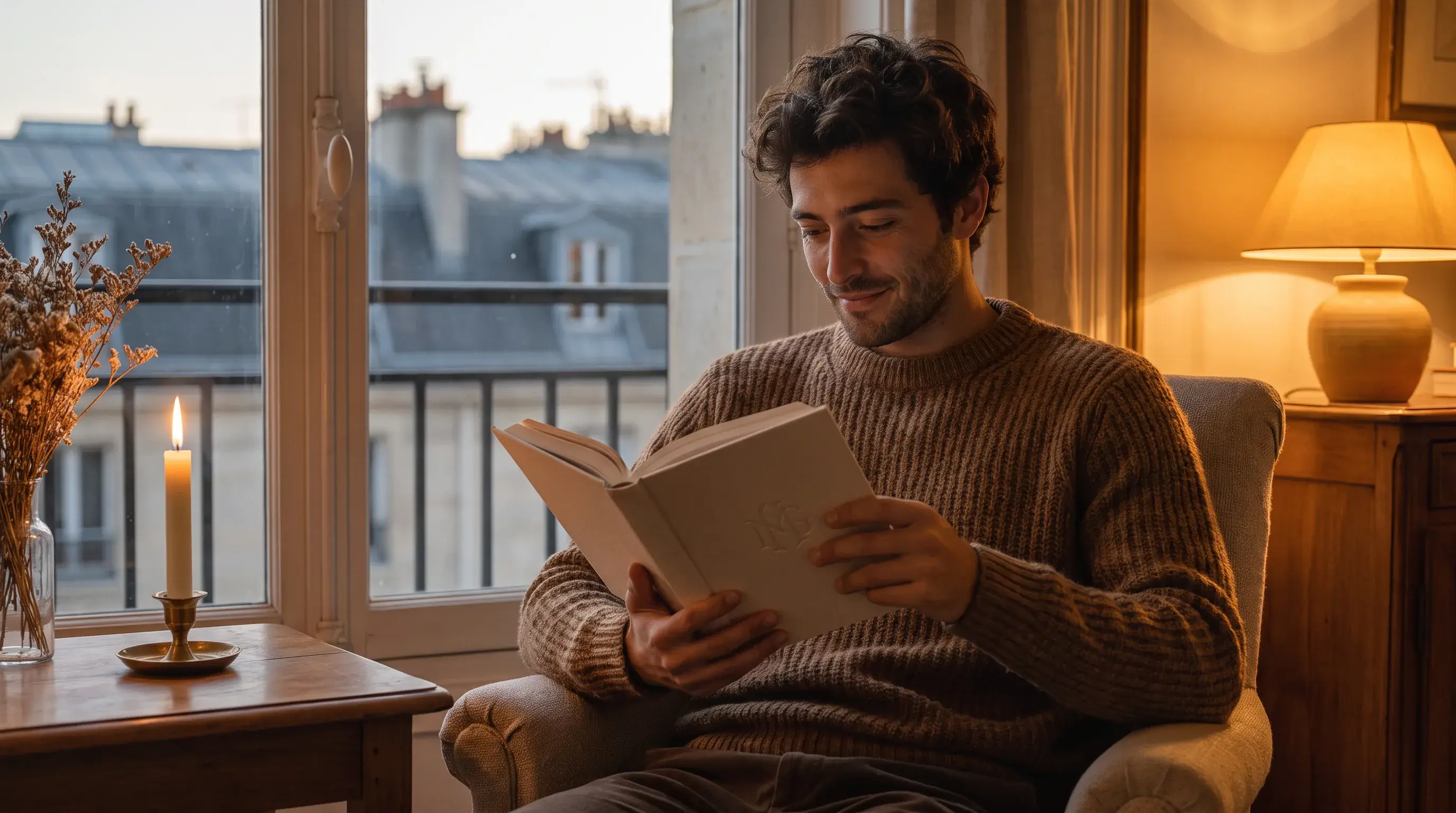 Homme découvrant le roman personnalisé qu’il reçoit pour la Saint-Valentin