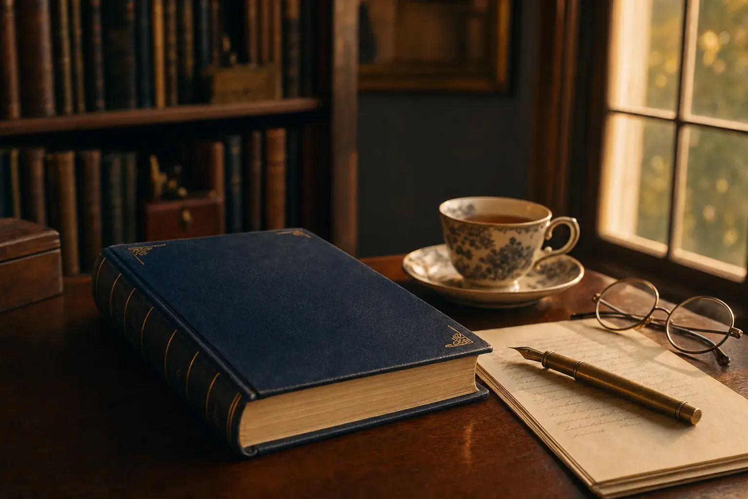 Livre de mémoires relié posé sur une table de travail